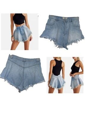We the Free People Harlie Denim Shortie Shorts Button Fly Cutoff Fringe